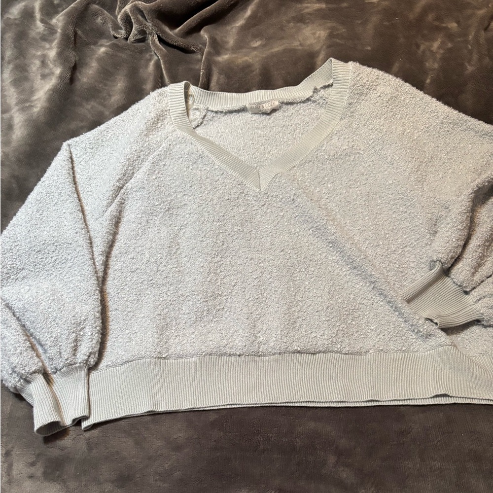Blue V-Neck Sweater with Textured Puff Sleeves Size Medium